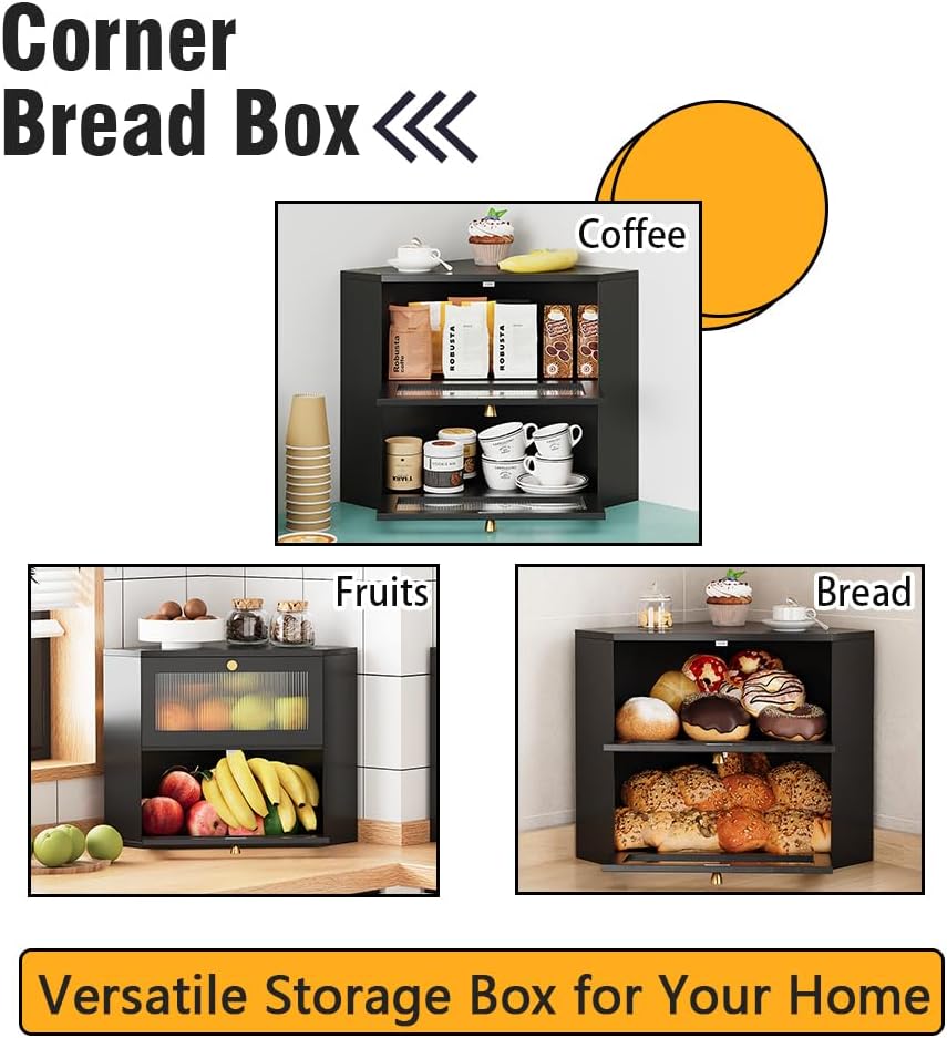 Trironsun Corner Bamboo Bread Box for Kitchen Counter Double Layer Bread Storage Container Large Capacity Bread Storage