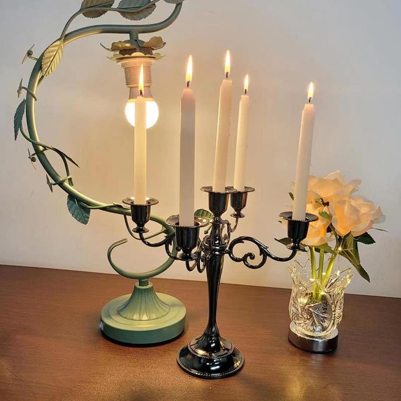 Black Candelabra Candle Holders for Pillar Candles 10.6 inch Tall, 5 Candle Candlestick Holder for 1/2-1 inch Taper Candles Halloween Candelabra Decoration Easy Assembly (Black)