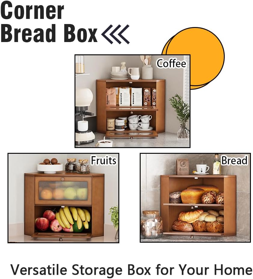 Trironsun Corner Bamboo Bread Box for Kitchen Counter Double Layer Bread Storage Container Large Capacity Bread Storage