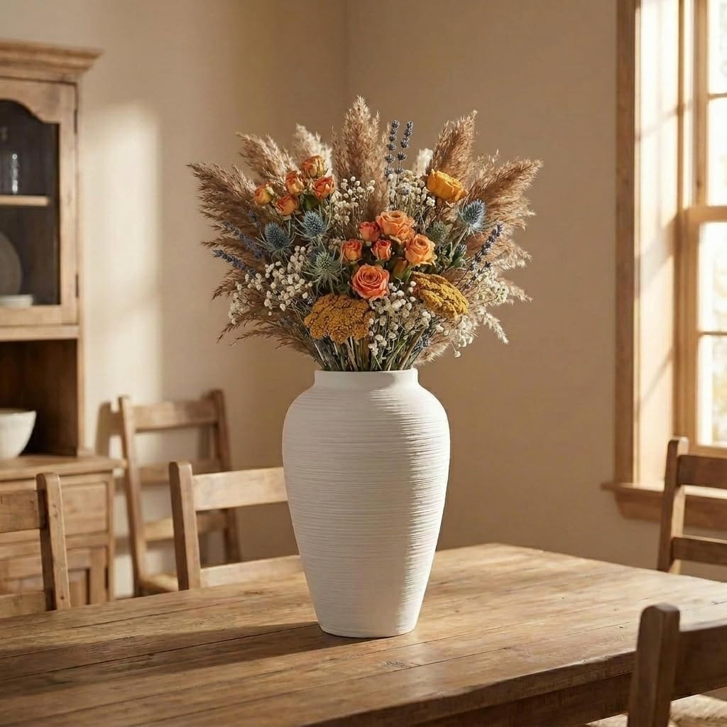 Off-White 10" Ceramic Vase / White Ribbed - 10" Medium