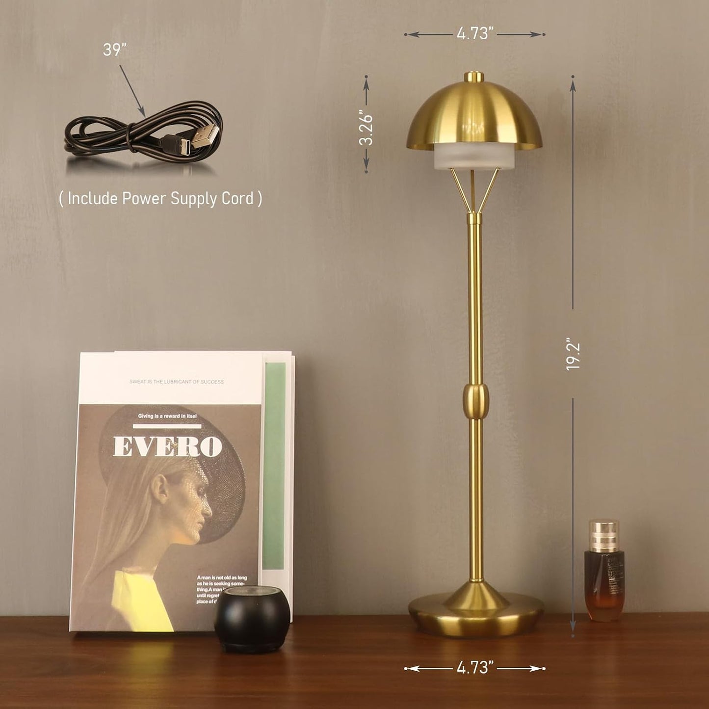 Modern Table Lamp Cordless Portable Desk Lamp, 2700K Stepless Dimming Rechargeable Battery Operated LED Lights for