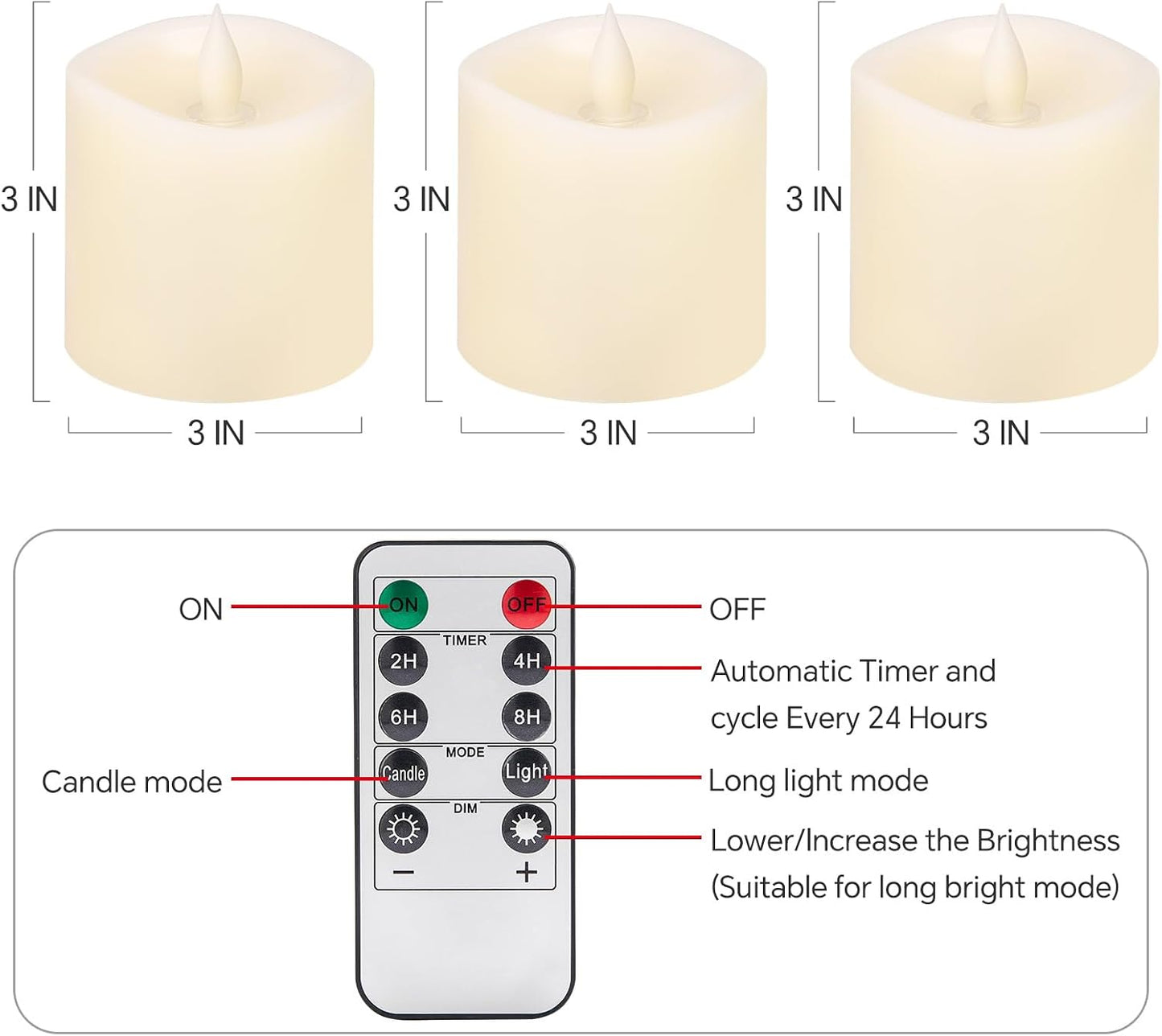3x3 Flickering Flameless Candles Set of 3, Real Wax LED Battery Candles Flickering, 3 inch Flameless Candles with
