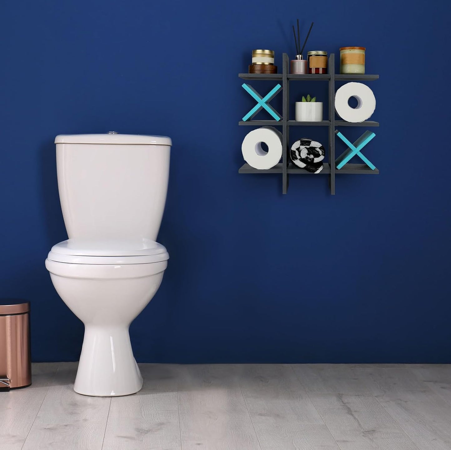 Weysat Tic Tac Toe Toilet Paper Holder,Gray, Light Blue | Farmhouse Bathroom Decor, Freestanding or Wall Mount Storage