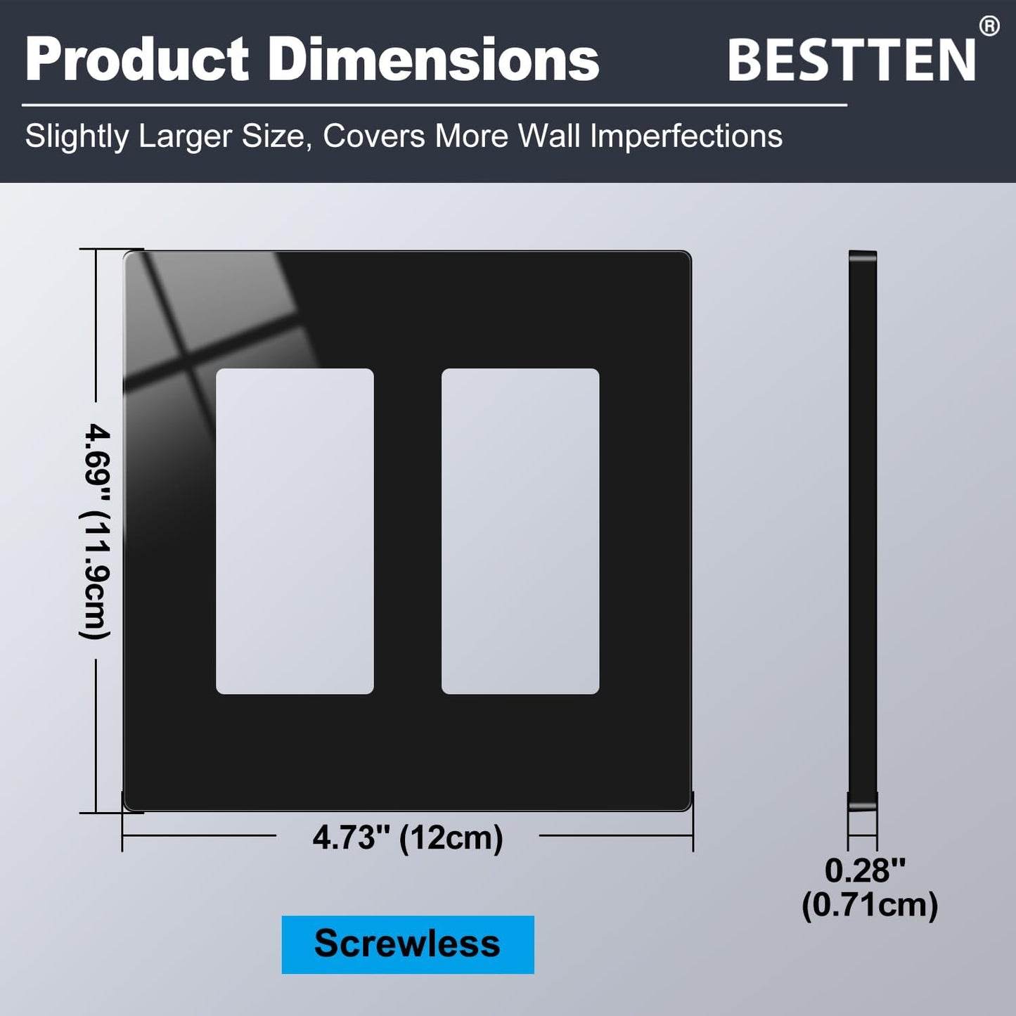 BESTTEN 10 Pack 2-Gang Black Screwless Wall Plate, Decor Outlet Cover, Decorative Switch Plate, Decorator Switch Plate