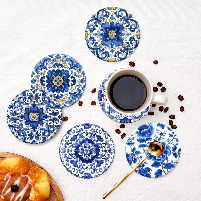 Holder and White Porcelain Coasters / 4in/10cm / Color-3 / Blue / Set of 6