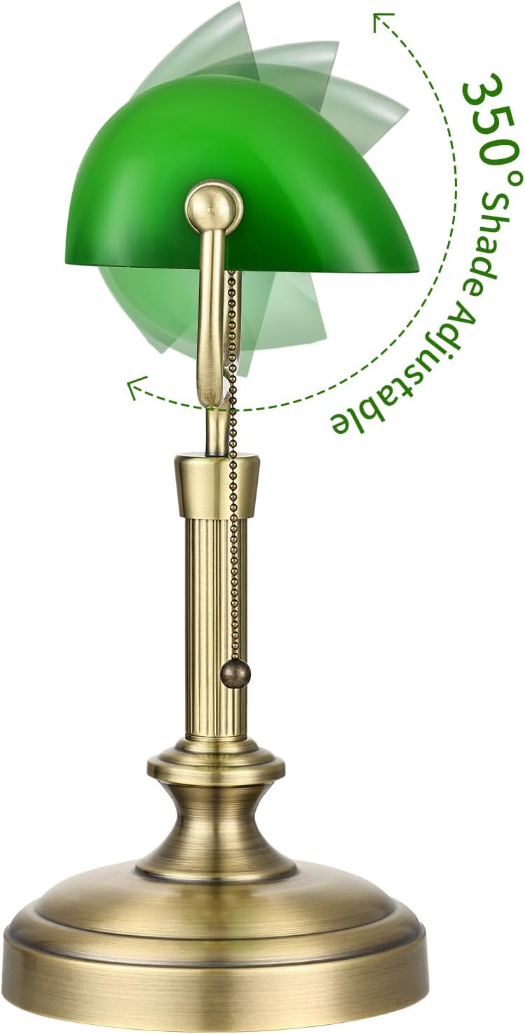 Traditional Banker's Desk Lamp with Glass Shade,Pull Chain Switch, LED Bulb Included (Antique Bronze+Green)