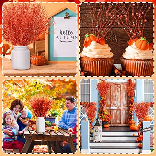 Giegxin 16 Pack 17 Inch Fall Berry Picks Glitter Orange Berry Stems