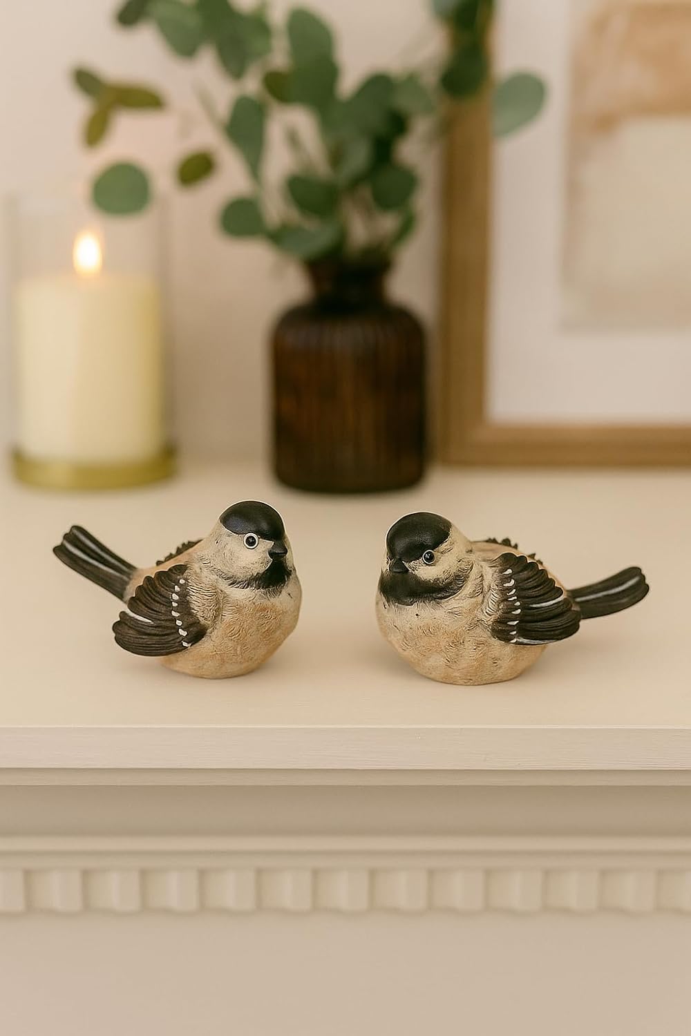 Chickadee Bird Figurines- Bird Decor / Brown / Set of 2