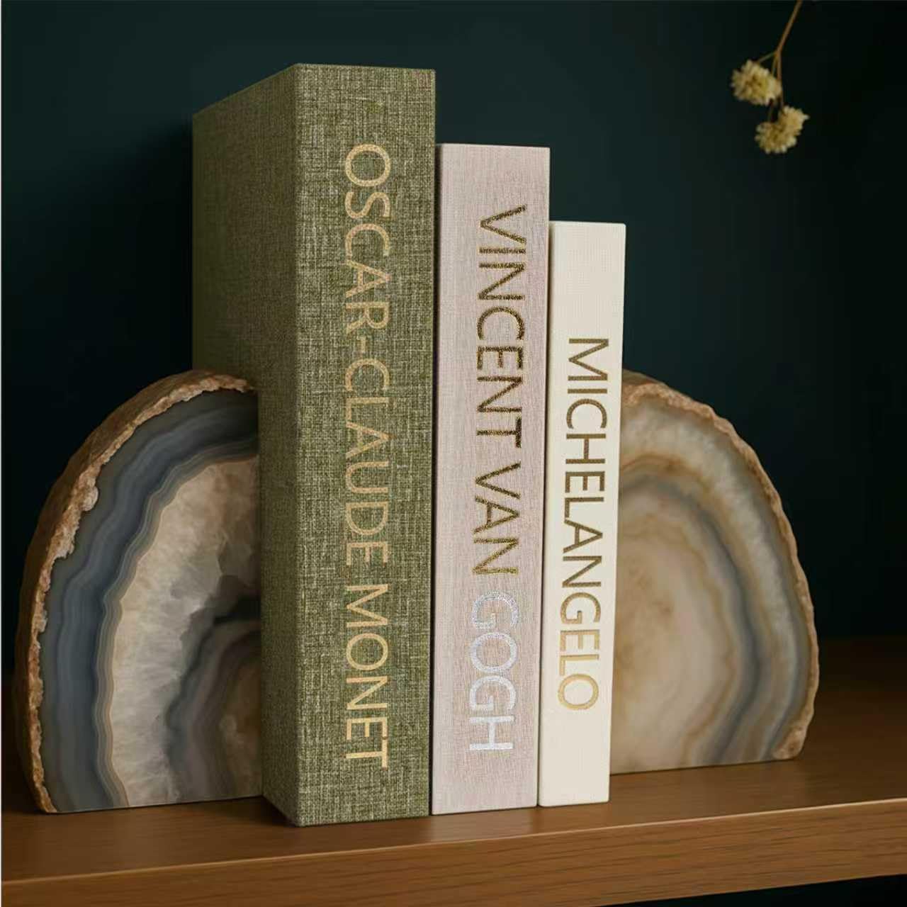 Linen Fake Books for Decoration / Green W. Wooden Beaded / Set of 3