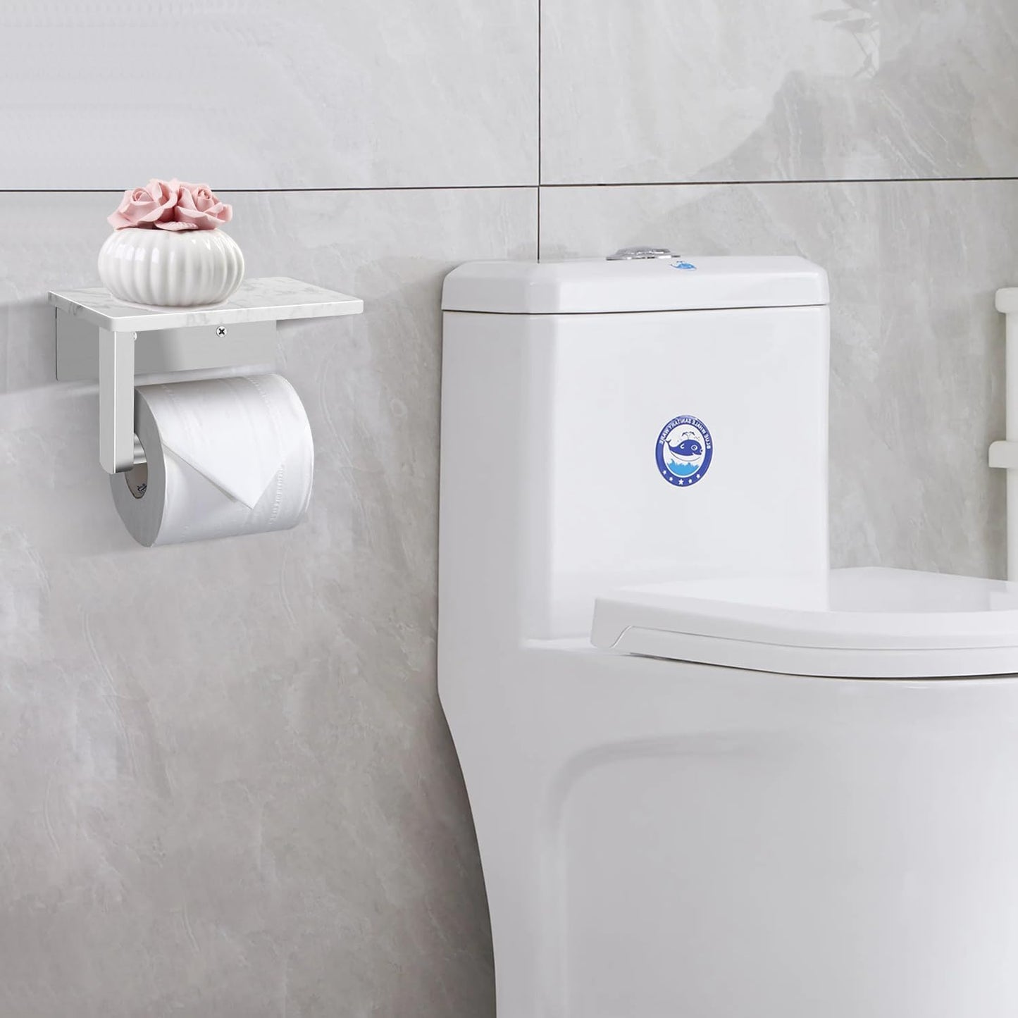 Toilet Paper Holder with Marble Shelf, SUS304 Stainless Steel Wall Mounted Toilet Paper Holder and 2 PCS Free Adhesive