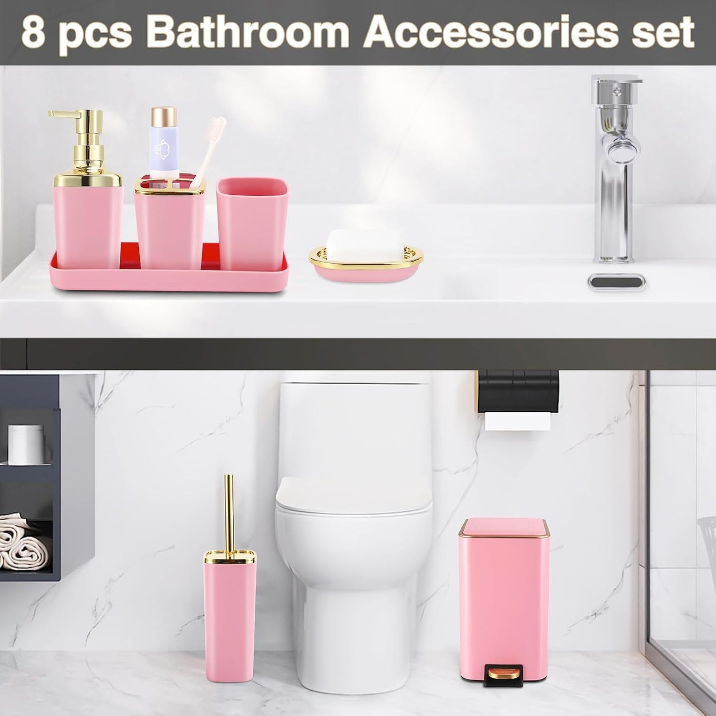 XLHOMO Pink Bathroom Accessories Set 8 Piece Pink and Gold Bathroom Set, Bathroom Sets with Stainless Steel Trash
