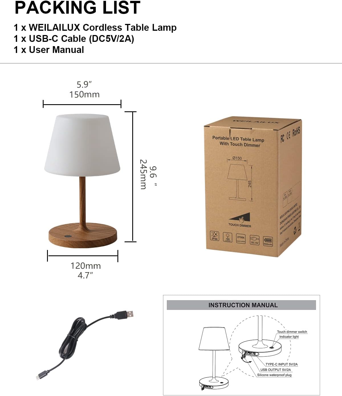 WEILAILUX Outdoor Table Lamp, Shower Lamp Waterproof (Wood Grain H9.6in) | Original Design, Cordless Rechargeable