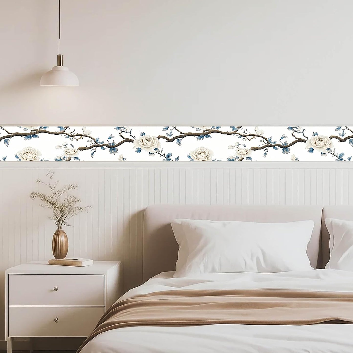 Wallpaper Border Peel and Stick PVC Rose and Branch Design / White Rose Branch / 4 x 196