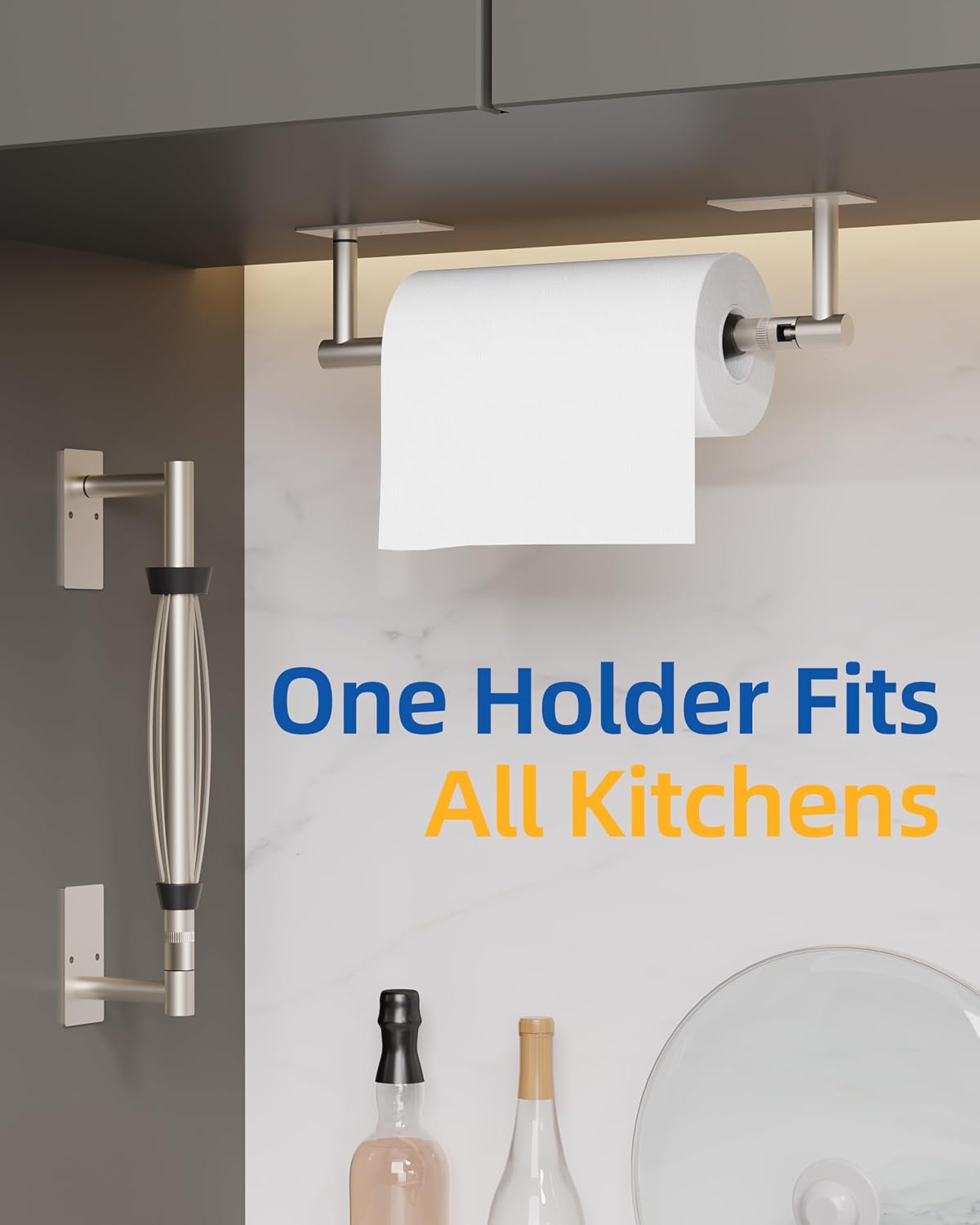 RUACQ Paper Towel Holder Under Cabinet, One Hand Tearing, Silver | Damping Effect, Drill Wall Mount & Adhesive,Square
