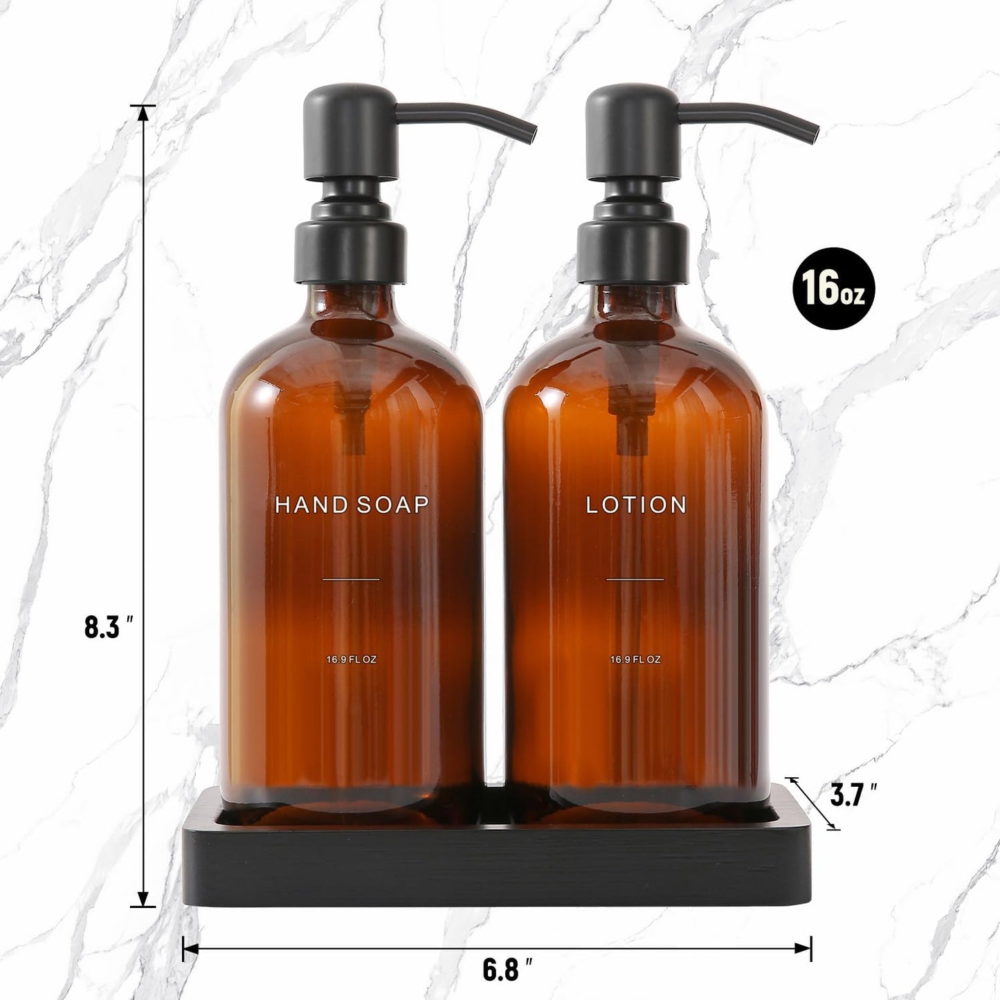 Prus Waso Amber Glass Soap Dispenser Set | Hand Soap and Lotion Set with Black Stainless Steel Pump, Perfect for Modern