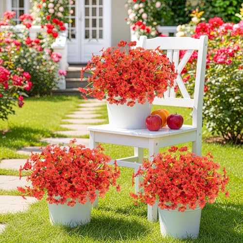 12 Bundles Red Artificial Flowers for Outdoors, UV Resistant Faux Plants