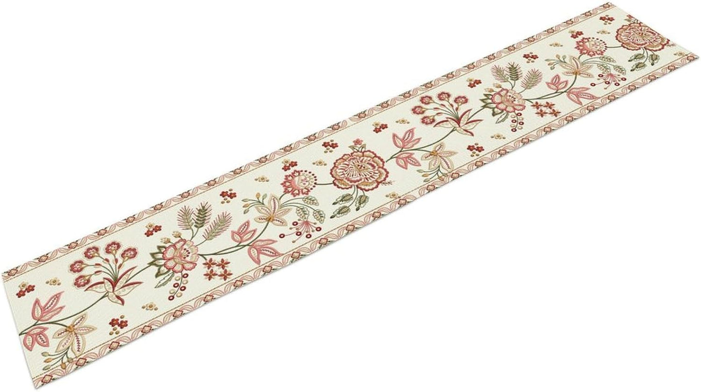 Rustic Floral Table Runner, Ethnic Style Leaf Floral Art Design Patterns Printed Linen Table Runner for Home Kitchen