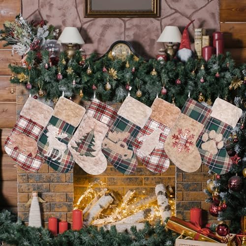LUBOT New 6 Pack Christmas Stocking 20" Red Green Plush Plaid Mix and Match Classic Rustic Farmhouse Country Cotton Fireplace Hanging Xmas Stockings Decorations for Family Holiday Season Decor