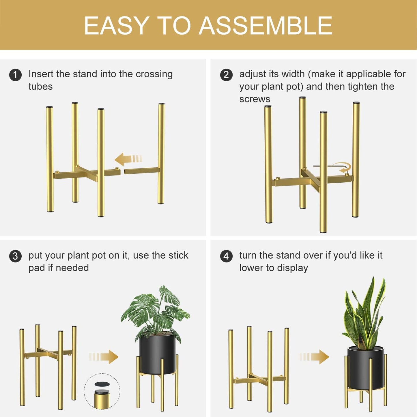 H HOMEXIN Metal Plant Stands for Indoor Plants Adjustable for 8 9 10 11 12 inches Planter Mid Century Stable Stylish