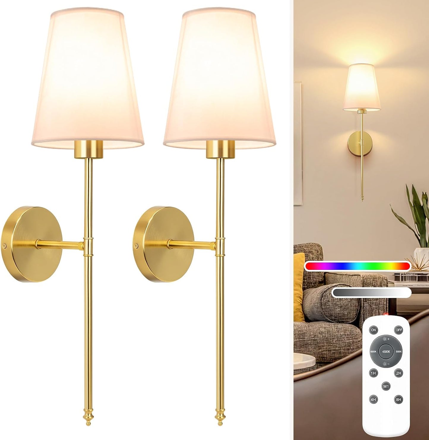 NIORSUN 25.4 inch Battery Operated Wall Sconce Set of 2,Gold Rechargeable Wall Lights with 10400mAh Dimmable Detachable