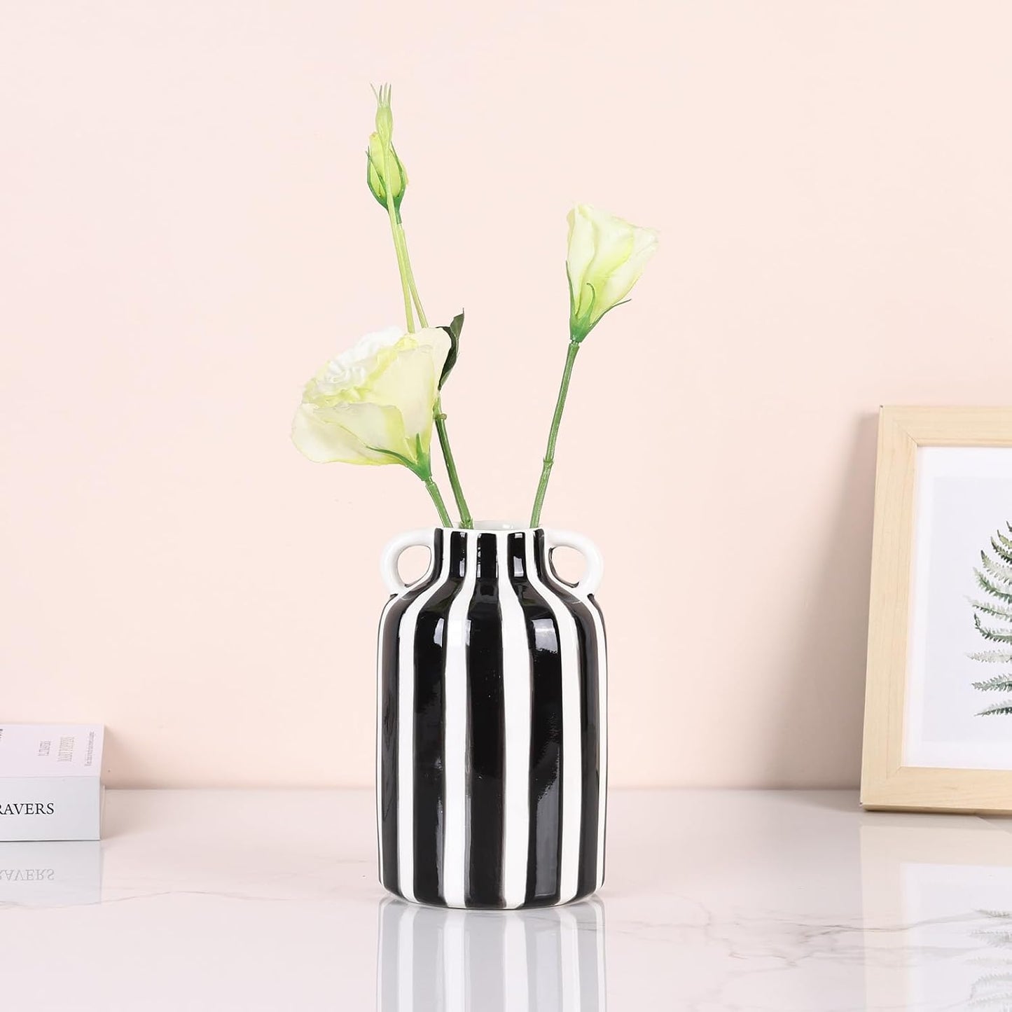 Ceramic Striped Checkered Vase / Black White
