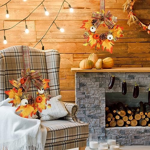 Syhood 2 Pcs 9 Inch Small Fall Wreath for Cabinet Mini Fall Wreath