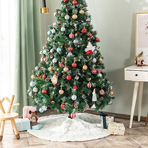Christmas Tree Skirt 36 inches White Faux Fur Silver Snowflake Sequin Embroidered Luxury Tree Skirt Xmas Decoration