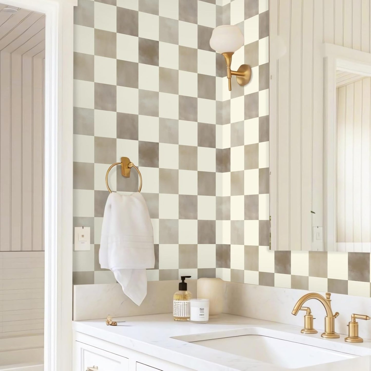 Checkered Wallpaper Peel and Stick Neutral Mosaic Checkered Contact / 17.3 x 236 / Brown and Beige