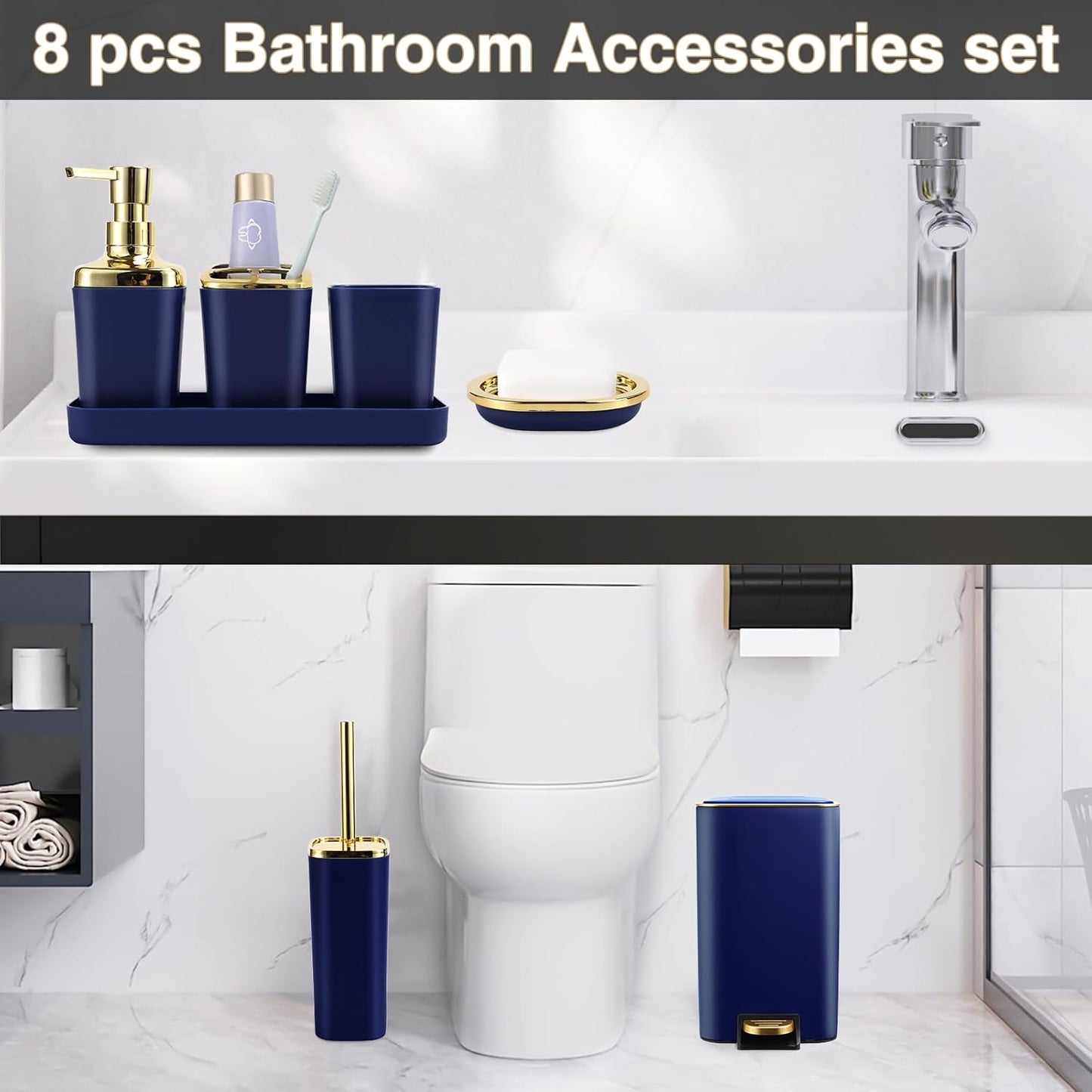 XLHOMO Navy Blue Bathroom Accessories Set 8 Piece Navy Blue and Gold Bathroom Set, Bathroom Sets with Stainless Steel