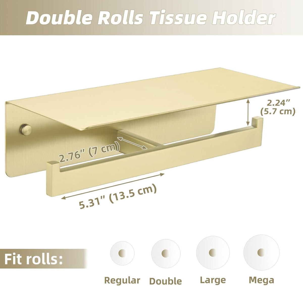 APLusee Brushed Gold Double Toilet Paper Holder with Shelf, 304 Stainless Steel Wall Mount Tissue Roll Holder for