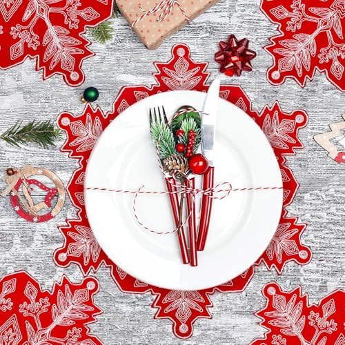 HunnmingRe Christmas Snowflake Placemats Set of 6 Embroidered Snowflake Table Mats 14 Inch Velvet Red Christmas Table Decorations Xmas Washable Placemats for Xmas Holiday Tabletop Home Dining Kitchen