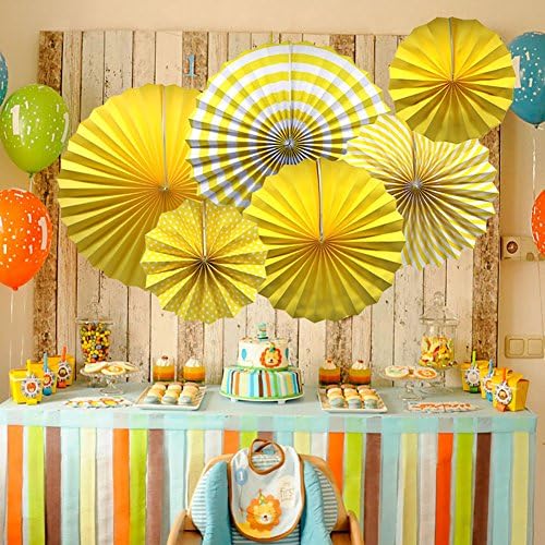 6-Pack Yellow Party Decorations, Hanging Paper Fans Wall Decor