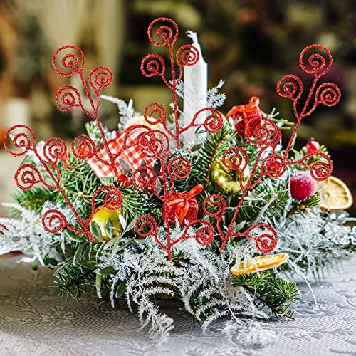Ysleen 50 Pcs Glitter Tree Picks and Sprays Twigs Branches, Red