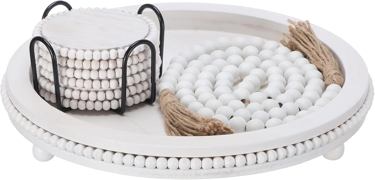 Farmhouse Trays Decoration Set 6 Rustic Wooden Bead Coasters / White / Set of 8