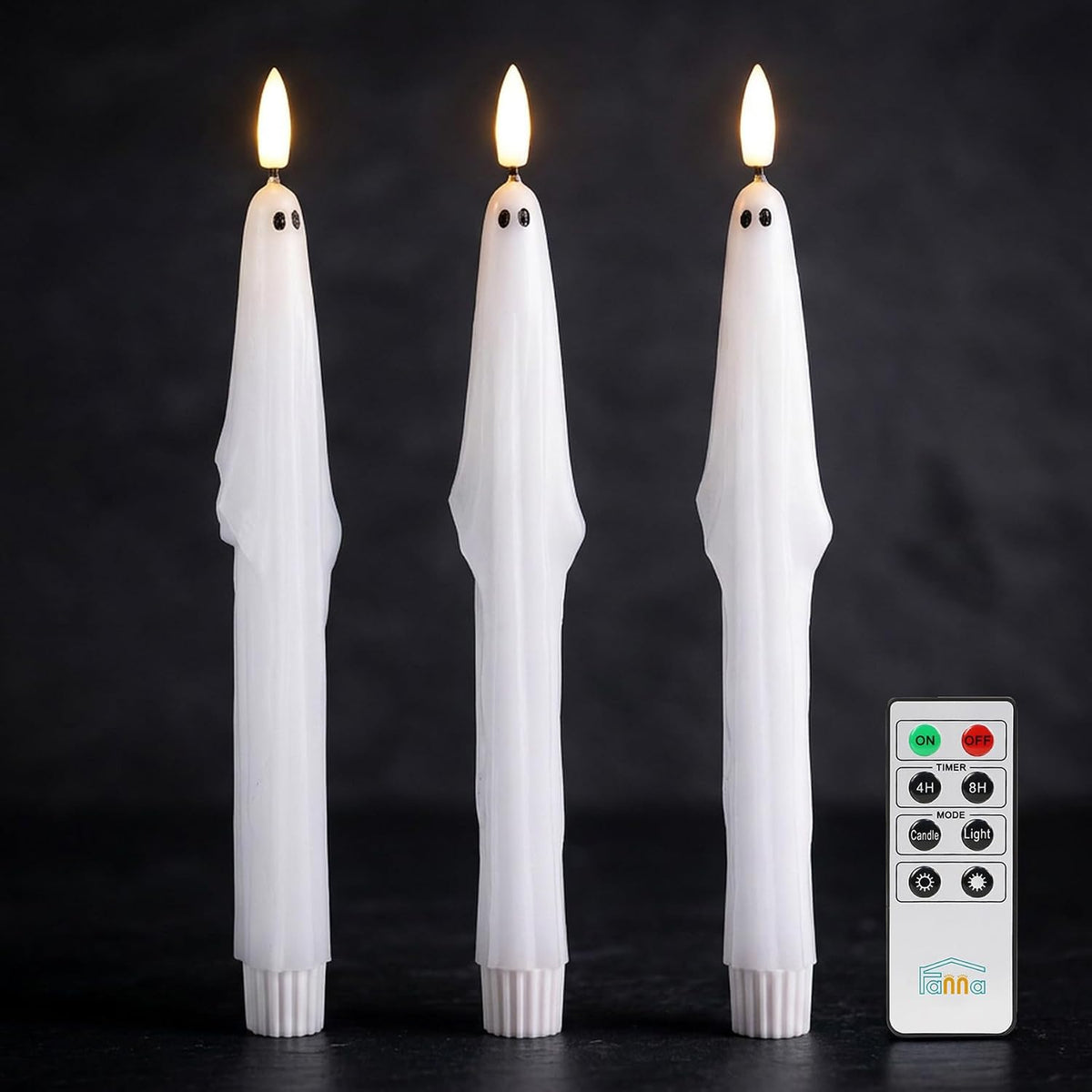 Fanna Real Wax Ghost Flameless Taper Candles with Remote for Halloween