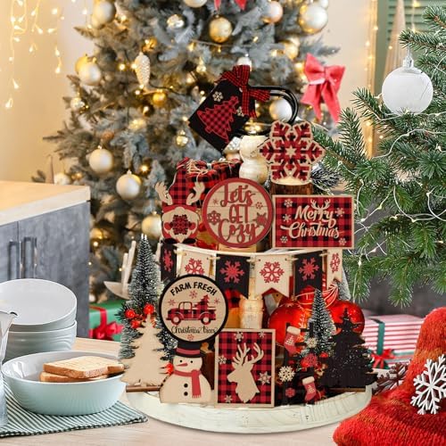 Funnymoom 17 Pcs Christmas Tiered Tray Decor Set Xmas Tray Decorations