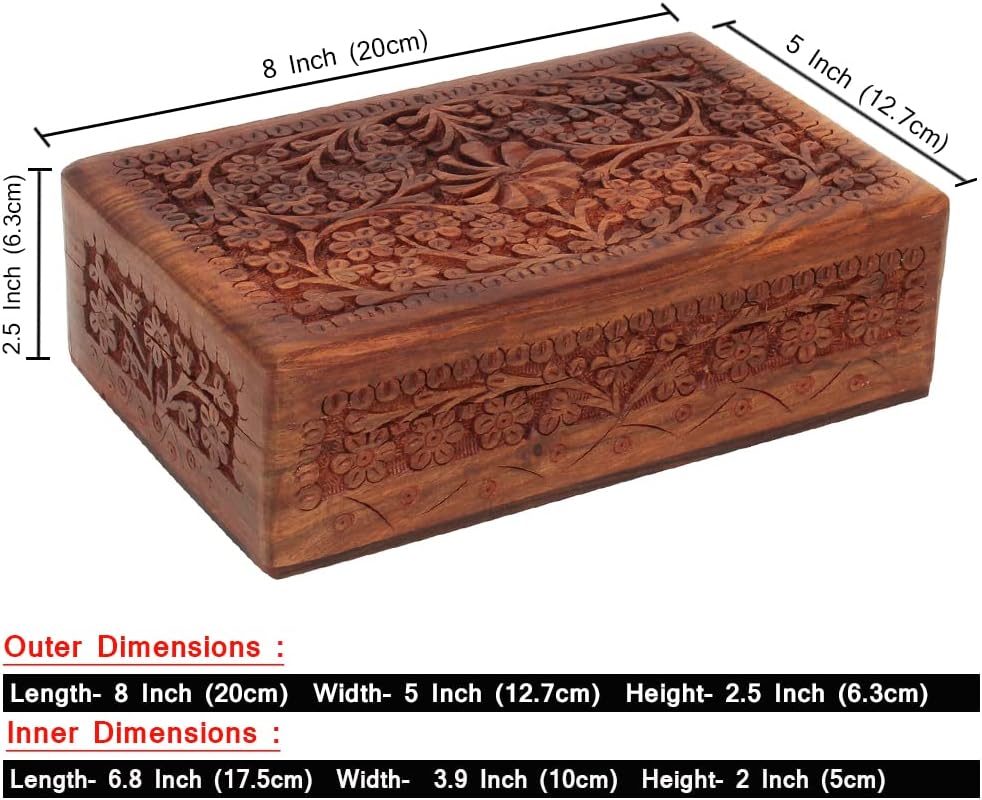 Wooden Handcarved Decorative Jewelry Storage Box Flower Design Multipurpose Treasure Chest / 8 x 5