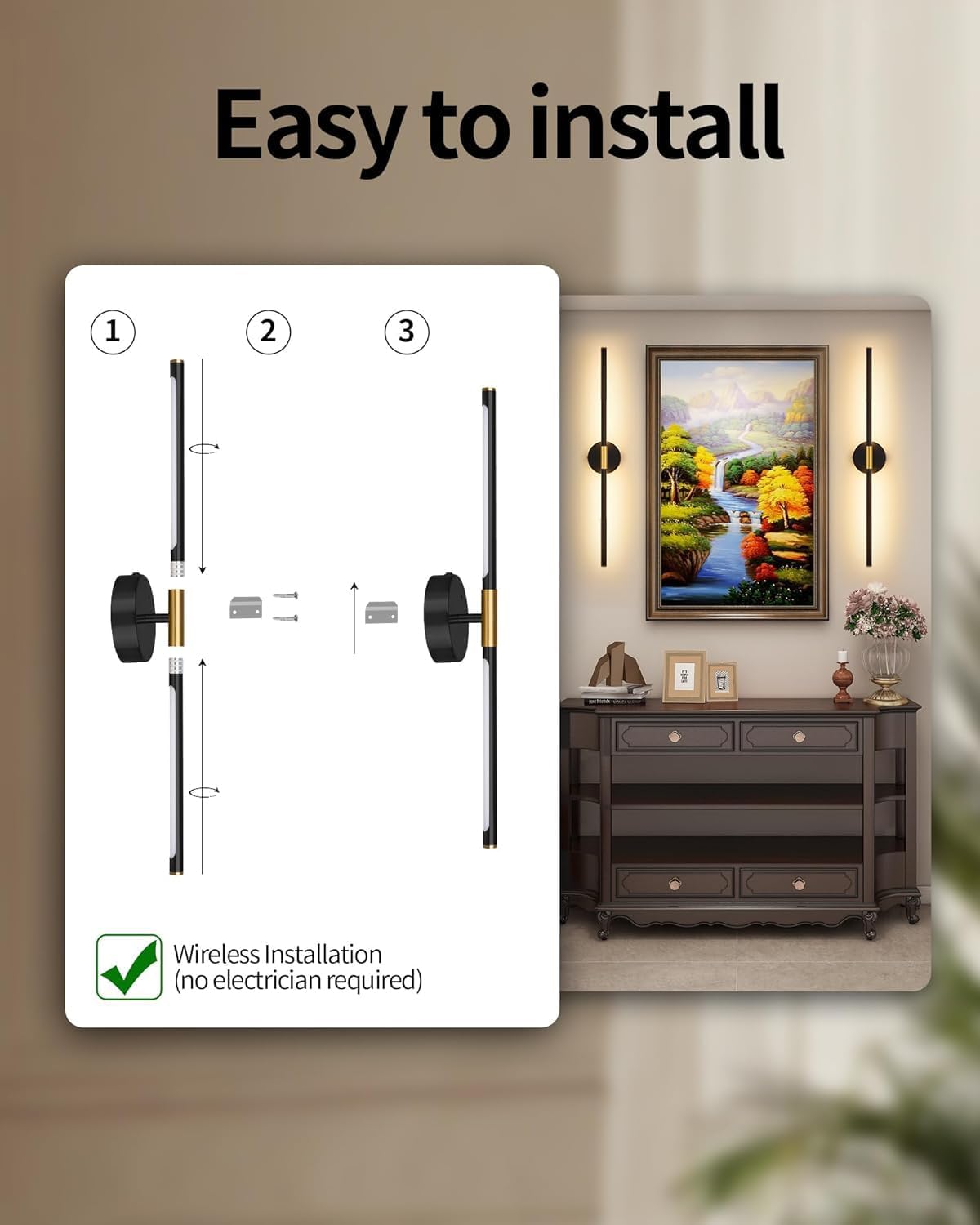 32" Battery Operated Wall Sconce Set of 2, Black Gold Wall Light | Wireless, 8000mAh Rechargeable Battery, Stepless