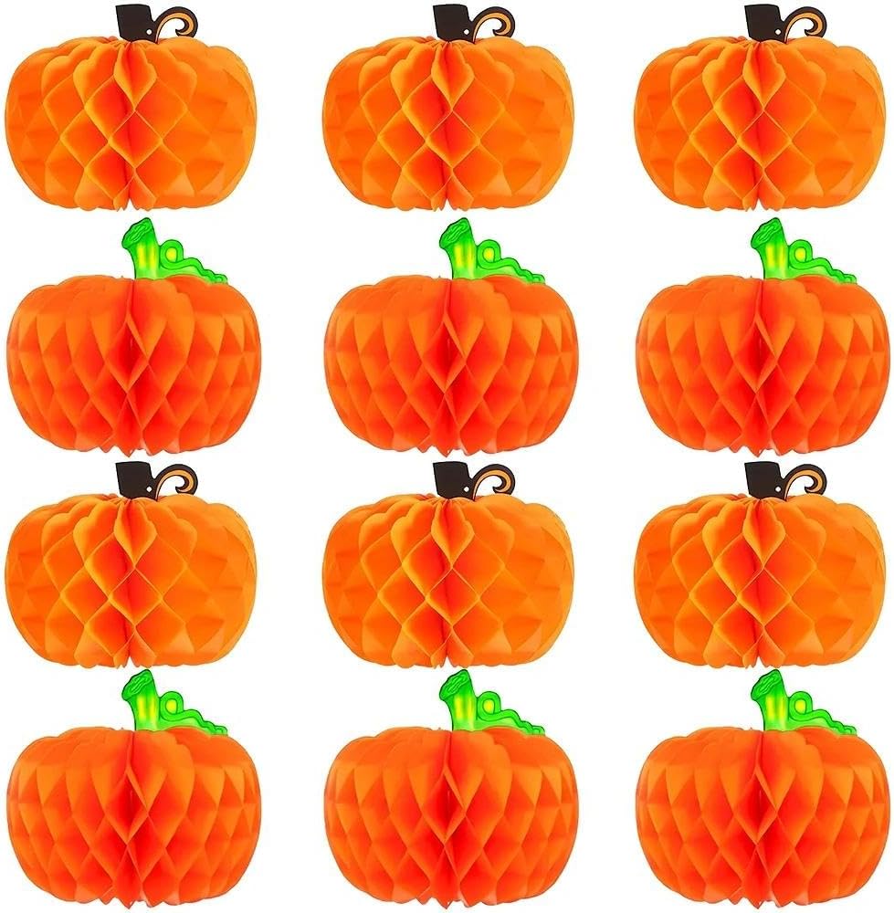 12 Pcs 10 Inch Hanging Pumpkin Shaped Honeycomb Centerpiece with String, Large Autumn Tissue Ball Table Decoration for Halloween Thanksgiving Party Supplies
