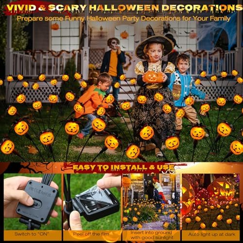 Weepong Halloween Decorations Outdoor 2 Pack Solar Lights, 12 LED Scary Pumpkin Swaying Firefly Lights with Spider & Bats for Outside Garden Yard Lawn Grave Cemetery Ghost Decor Party, Orange