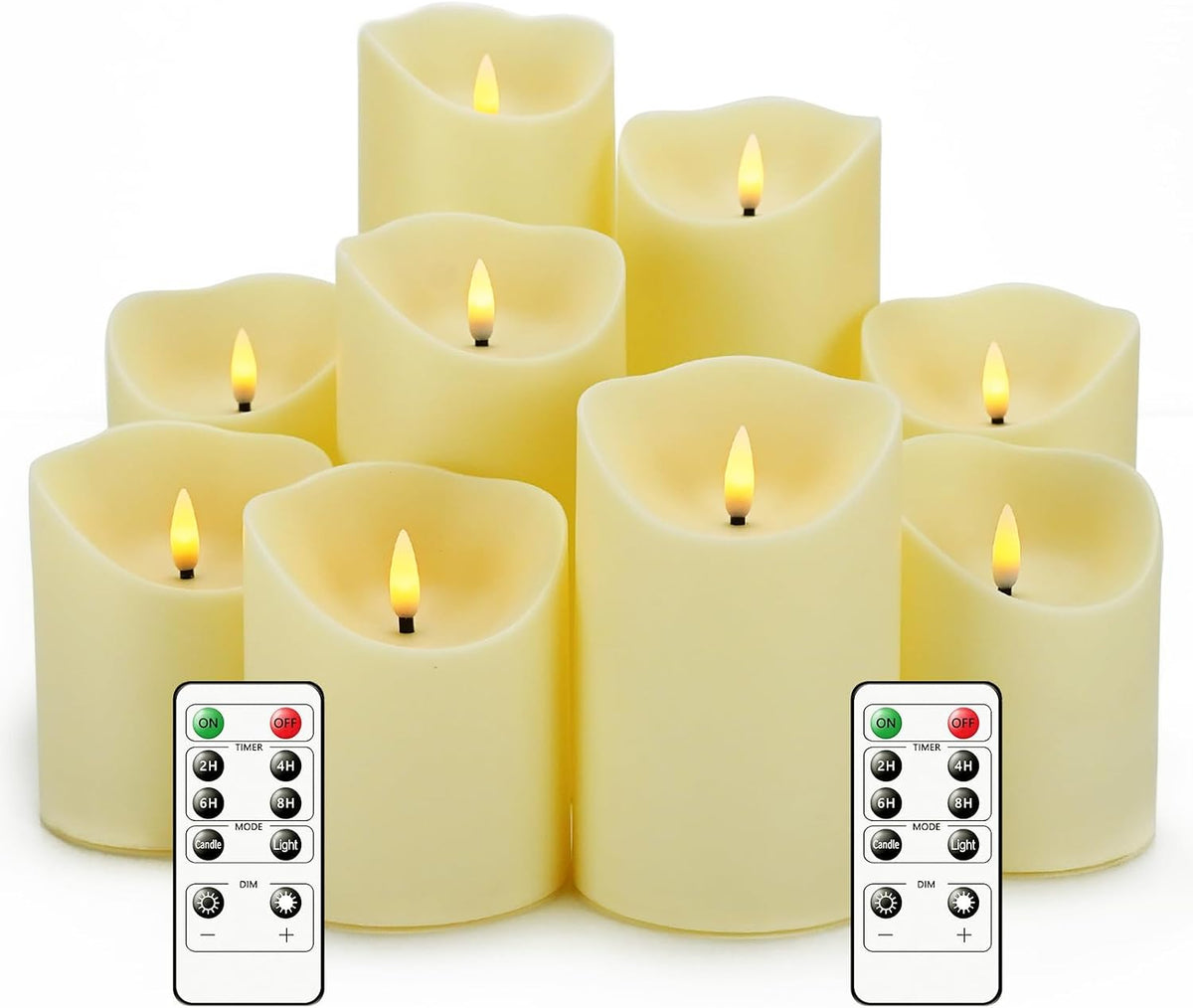 Nimiko Flameless Candles with Remote, Battery Operated Flickering Flameless Candles, LED Candles with Timer 2/4/6/8H, with Realistic LED Candles Set of 9 (D3 x H 3" 4" 5" 6" 7") (Ivory)