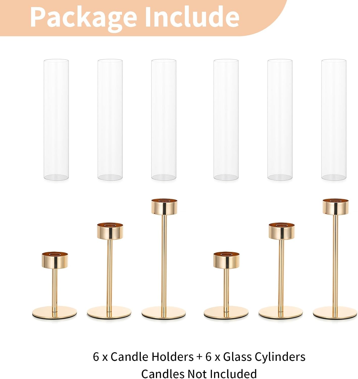 NUPTIO Hurricane Candle Holder for Candlestick, 6 Pcs Gold Candle Holders | Tall Taper Candle Holder with Cylinder
