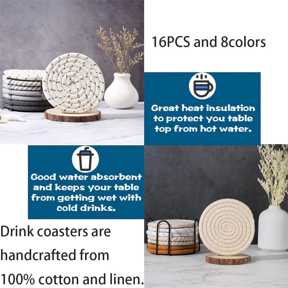 Metal Holder / Boho Woven Absorbent Coaster Set 8 Colors Heat Resistant Coasters / Set of 16
