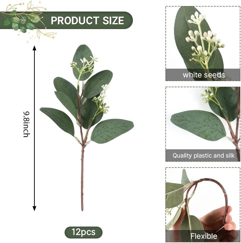 Faux Eucalyptus Branches Greenery / White / Set of 12