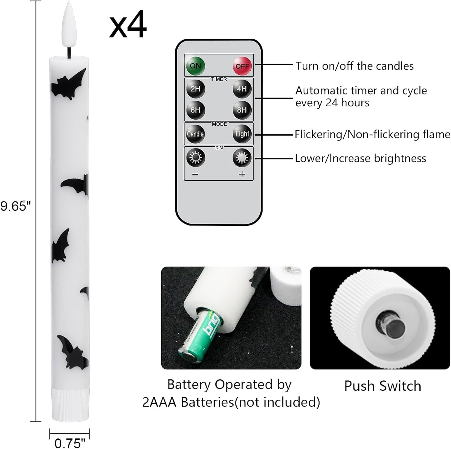GenSwin Halloween Flameless Taper Candles, 4 Pack LED Taper Candles Battery Operated with Remote Timer, Real Wax White