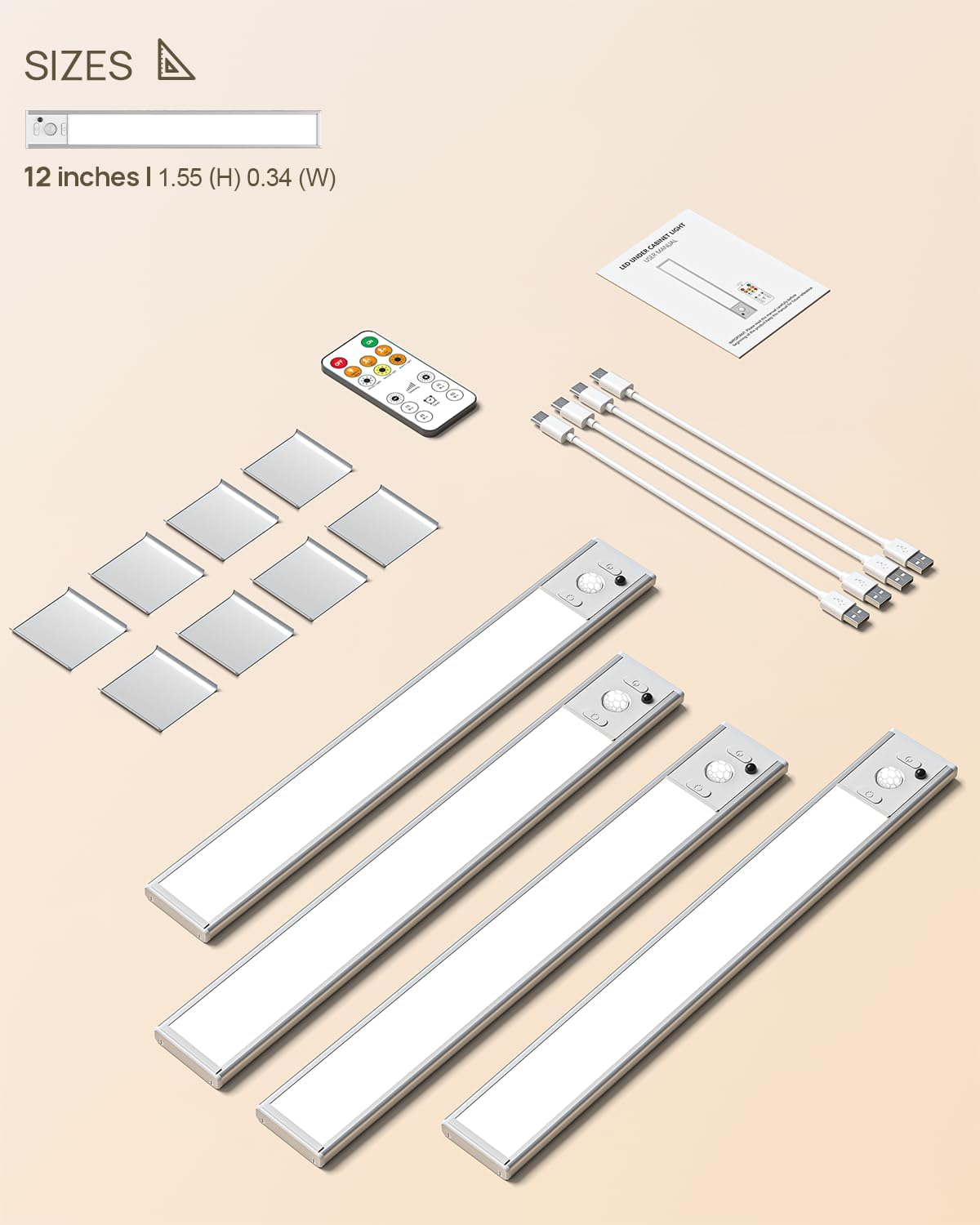 4 Pack Under Cabinet Lighting Rechargeable 12” Motion Sensor Light Indoor | 2500mAh Closet Lights Wireless, 3 Color