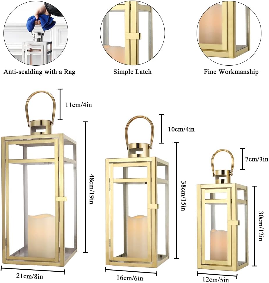 TRIROCKS Elegant Gold Stainless Steel Lantern Set- 3 Sizes (12", 15", 19") - Tempered Glass Panel Metal Lanterns for