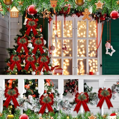 Syhood 6 Pcs Christmas Bows Xmas Velvet Bows Tree Decor, Burgundy Red