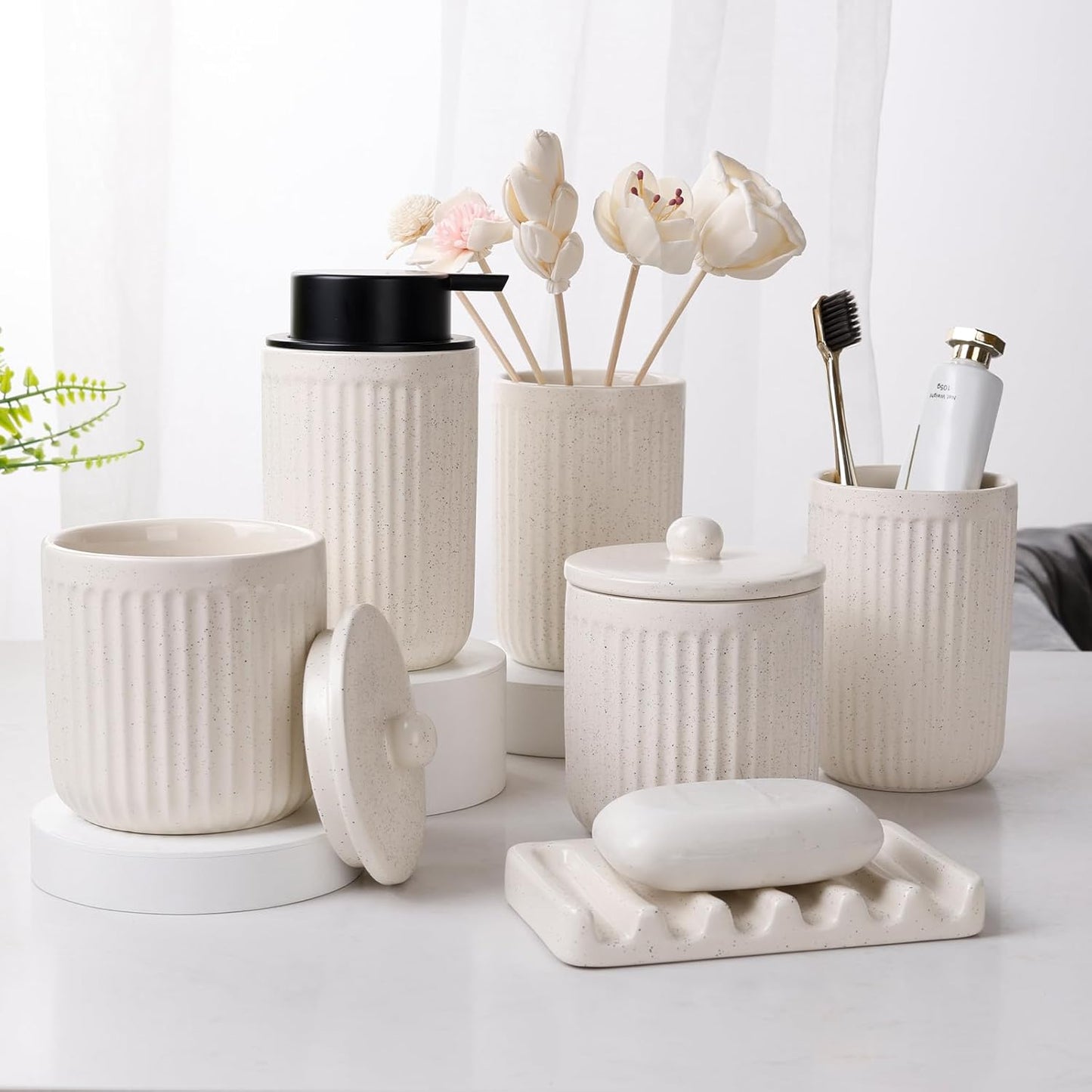 BosilunLife Striped Beige Ceramic Bathroom Accessories Set of 4 | Bathroom Decor Sets Accessories Bathroom Lotion Soap