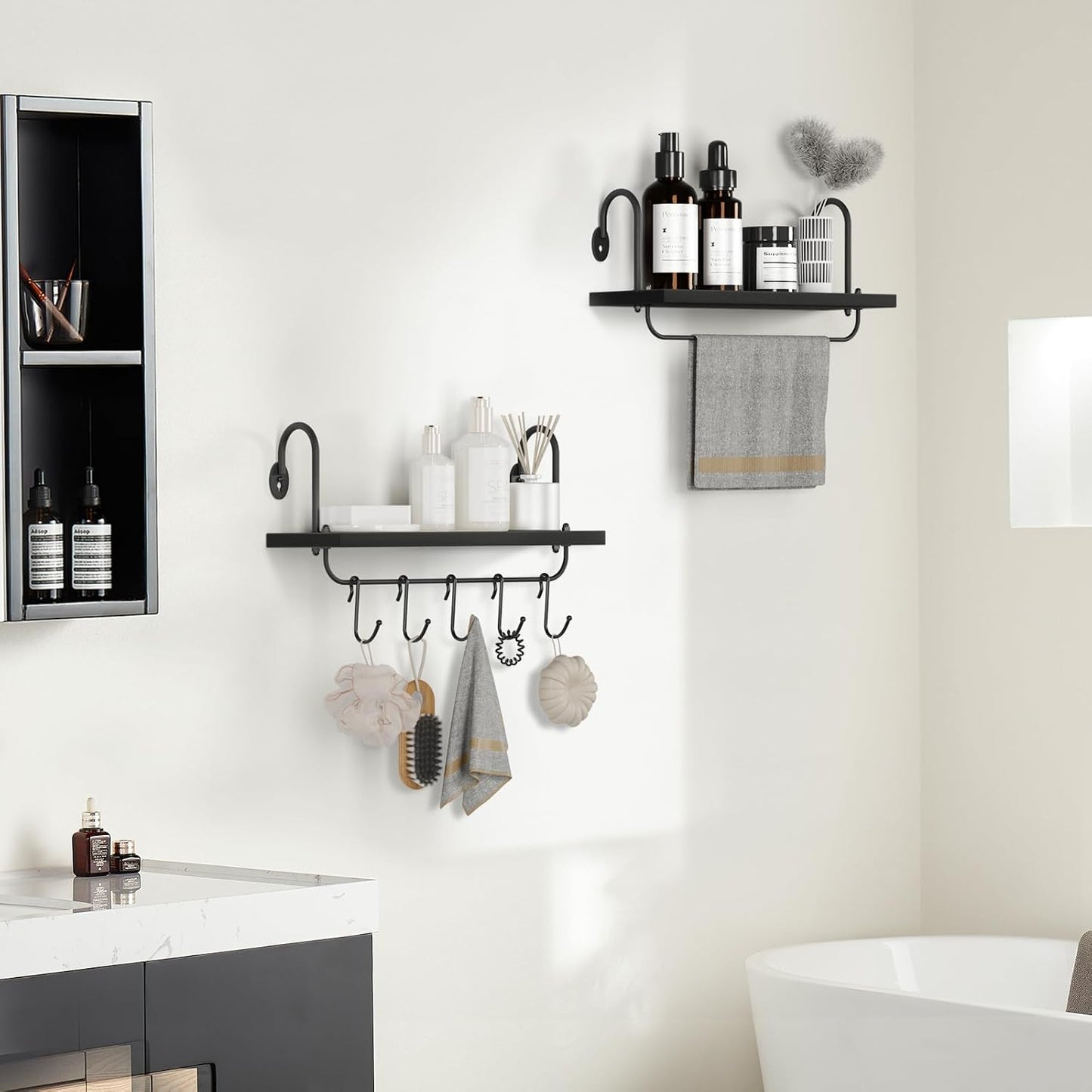 Olakee Floating Wall Shelves for Kitchen Bathroom Coffee Nook with 10 Adjustable Hooks for Mugs Cooking Utensils or